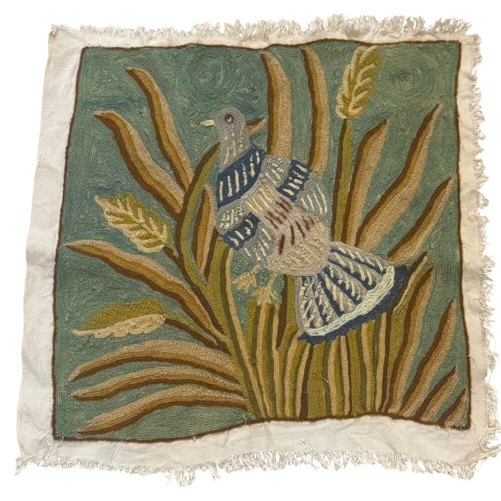 Vintage Handmade Crewel Embroidery Wildlife Bird Scene Tapestry